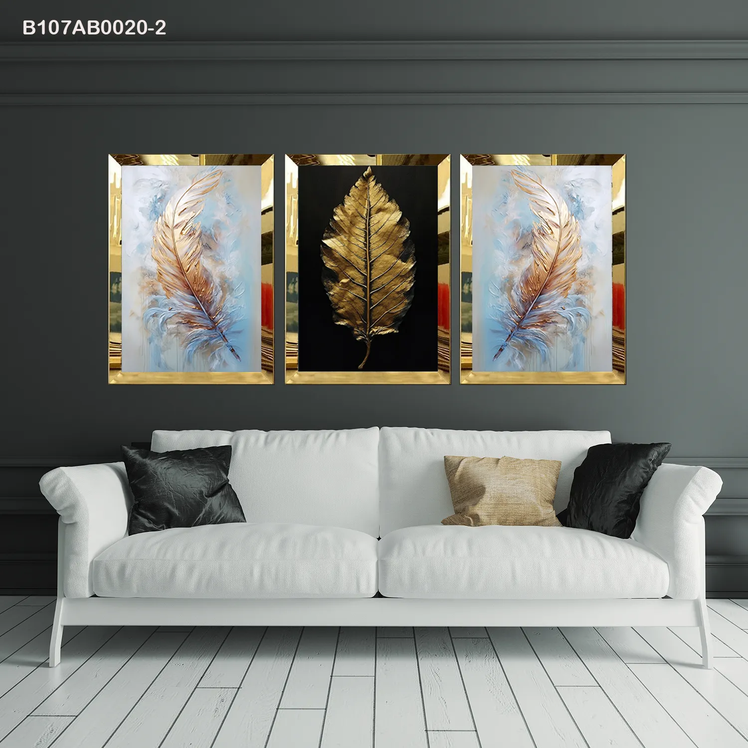 لوحات جدارية ريشة ذهبية وورقة نبات إطار ذهبي