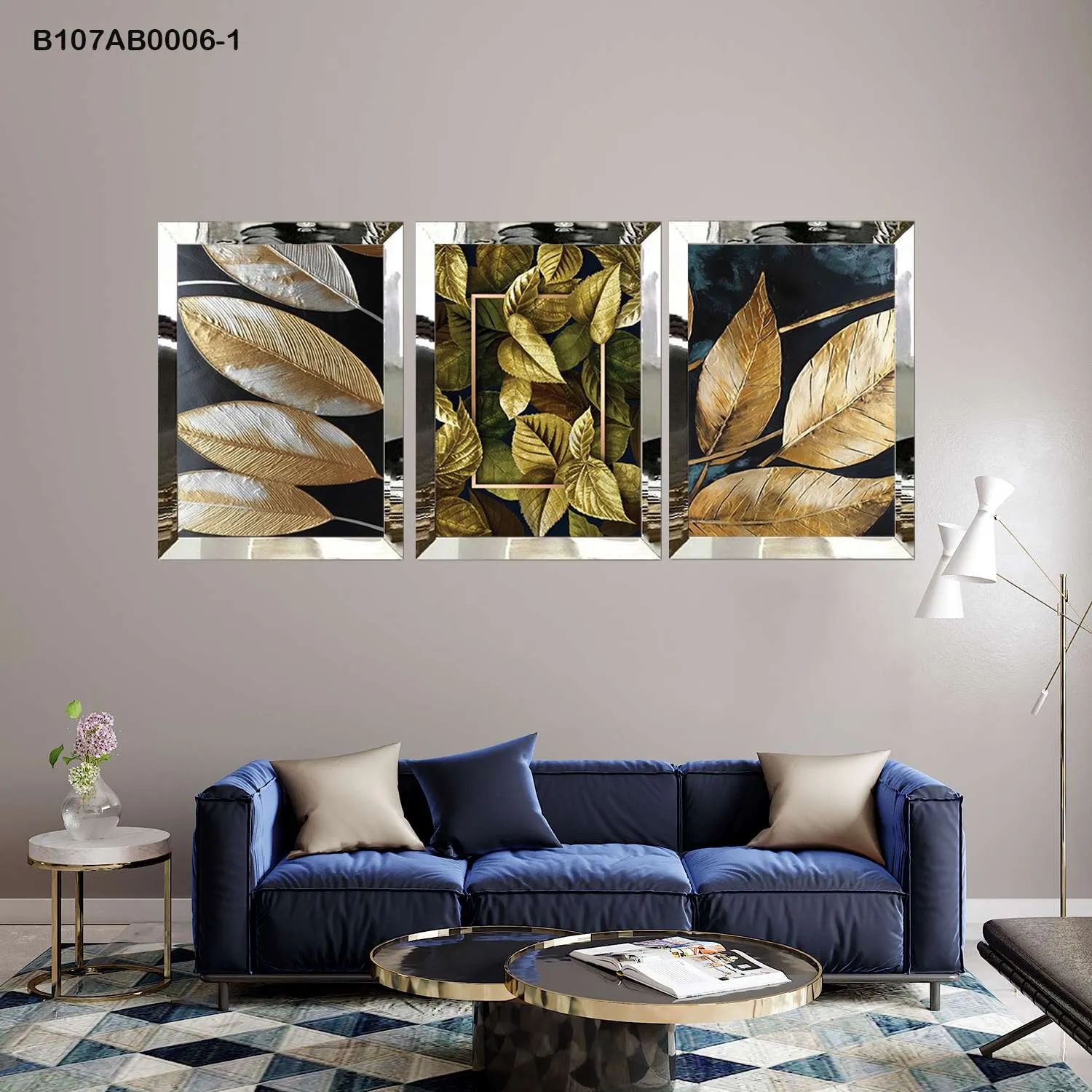 لوحات جدارية أوراق نباتية ذهبية إطار فضي