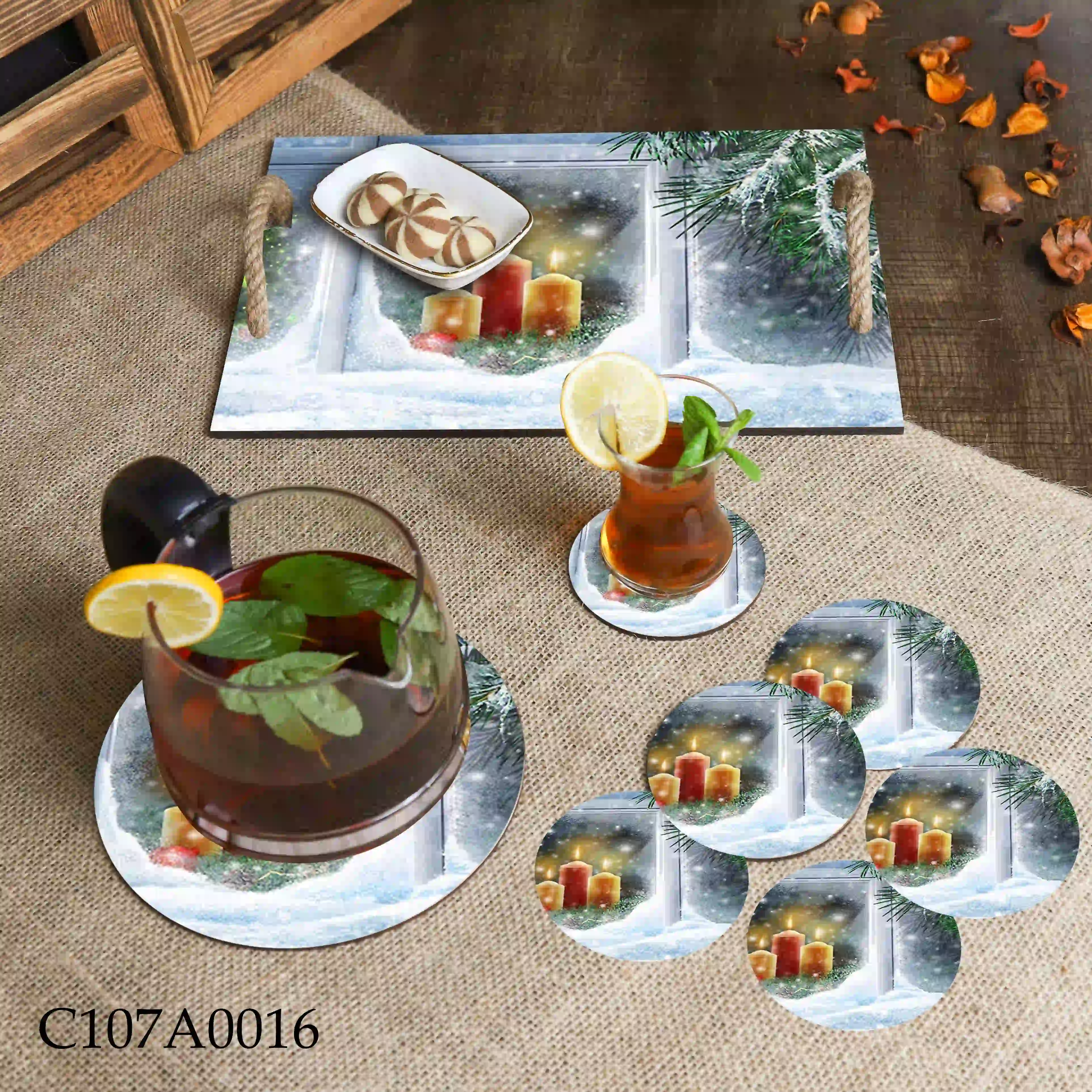 صينية مطبوعة شموع عيد الميلاد والثلج