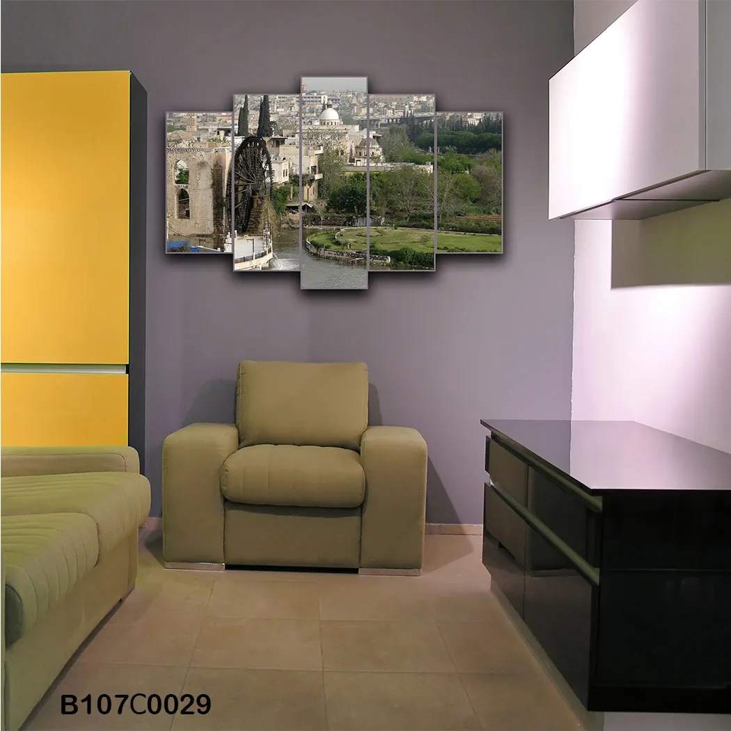 لوحة جدارية خماسية مشهد حماة التاريخي والطبيعة