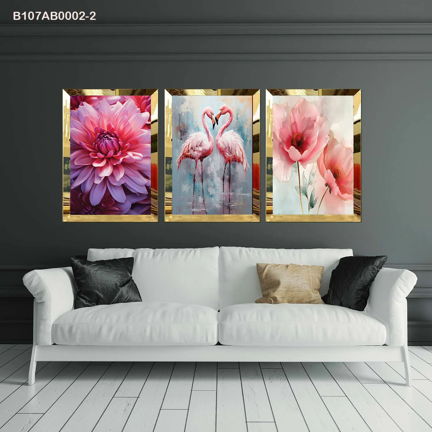 لوحات جدارية زهور وردية وطيور الفلامنجو إطار ذهبي