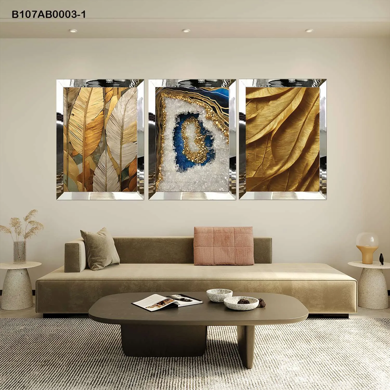 لوحات جدارية أوراق ذهبية وتجريد كريستالي إطار فضي