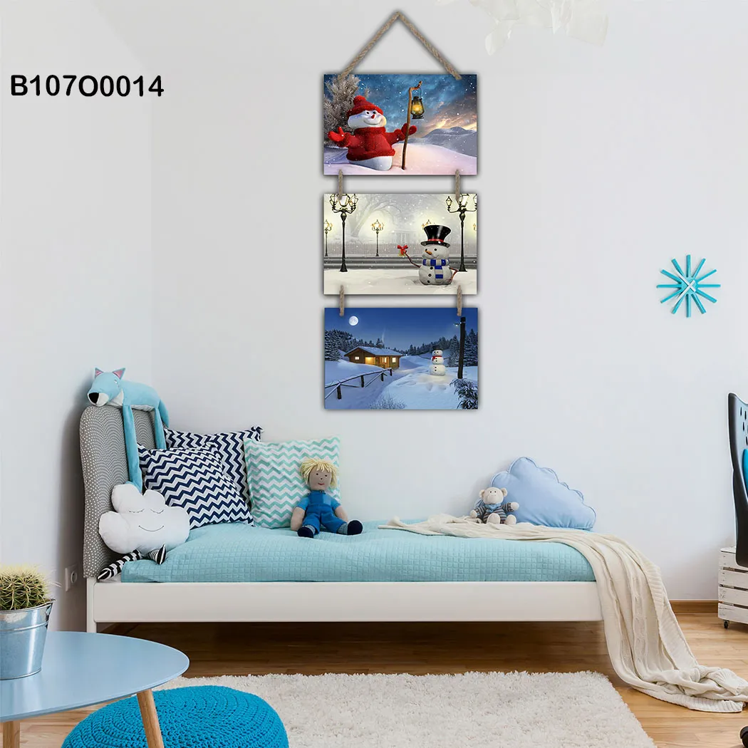 لوحة جدارية تعليق ثلاثية بتصميم رجل الثلج الشتوي