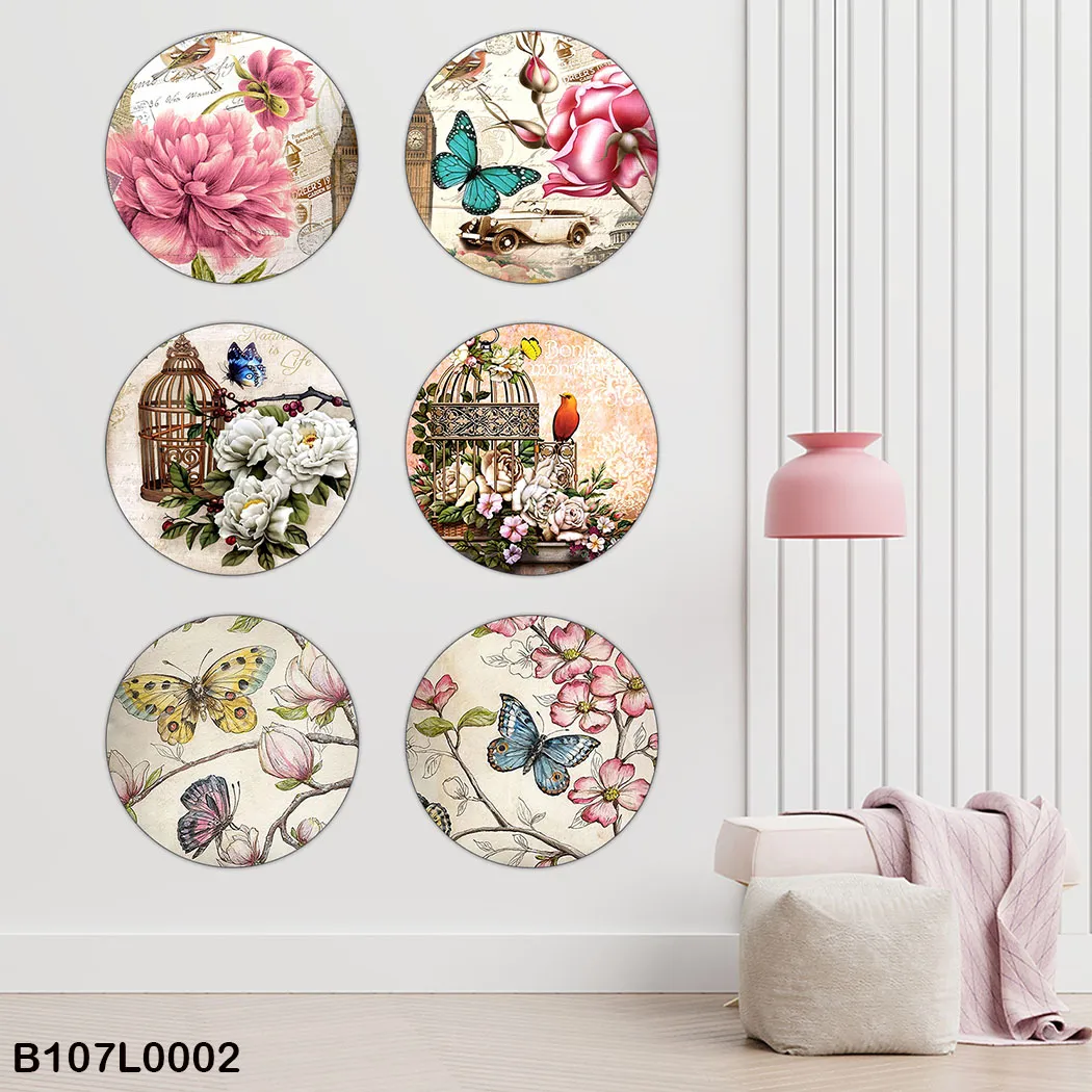 لوحة جدارية ست دوائر زهور وفراشات فنية