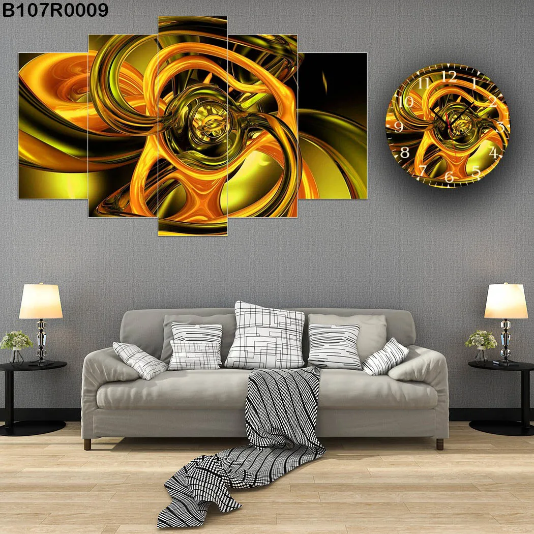 لوحة جدارية مع ساعة فن تجريدي لون ذهبي