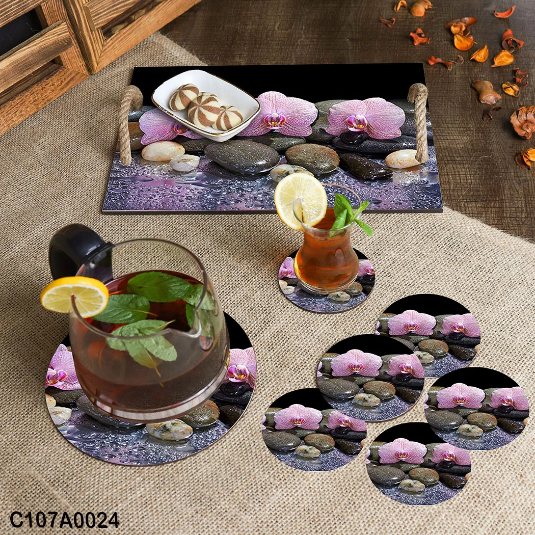 صينية مطبوعة أوركيد وردي وأحجار طبيعية