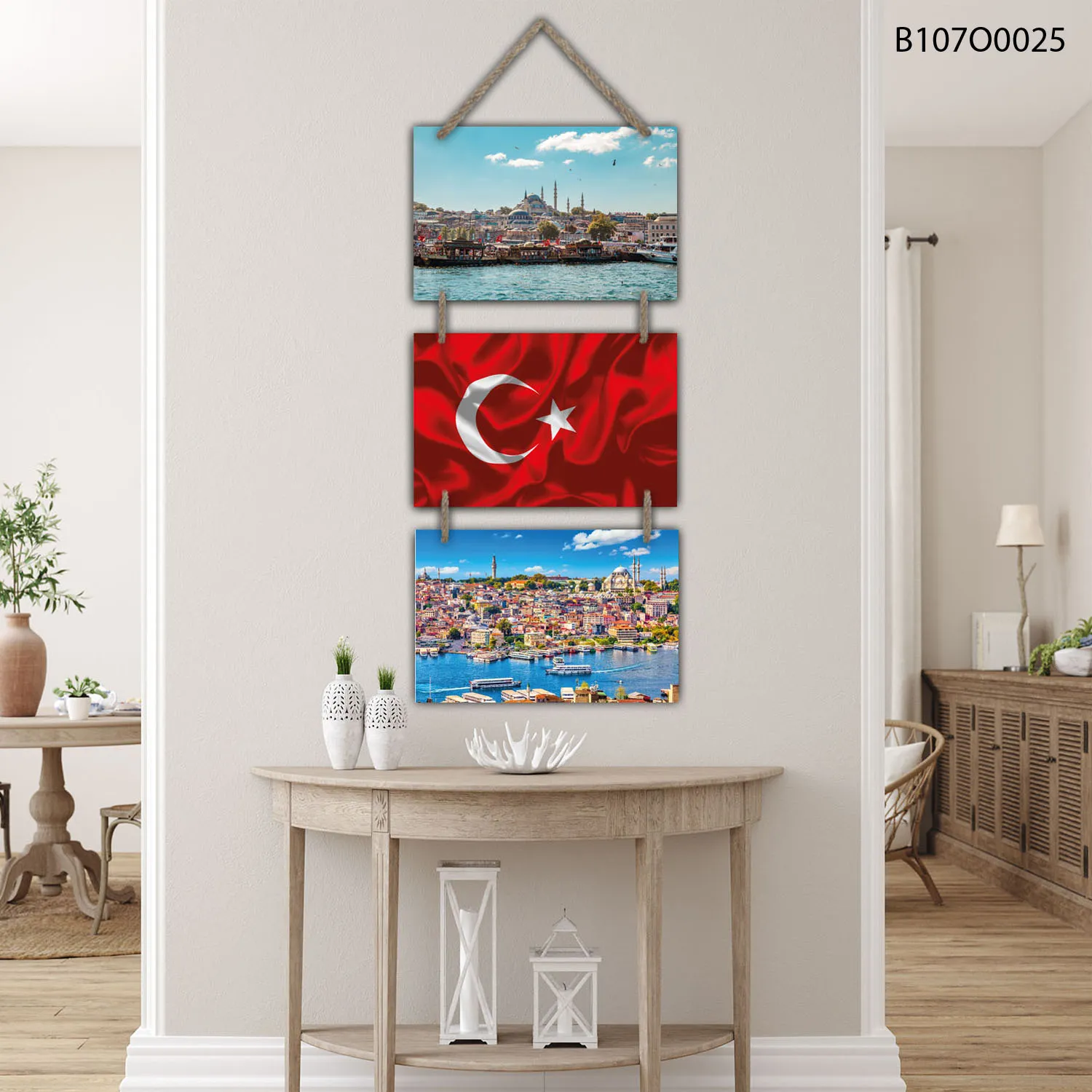 لوحة جدارية تعليق ثلاث قطع لمناظر إسطنبول مع العلم التركي