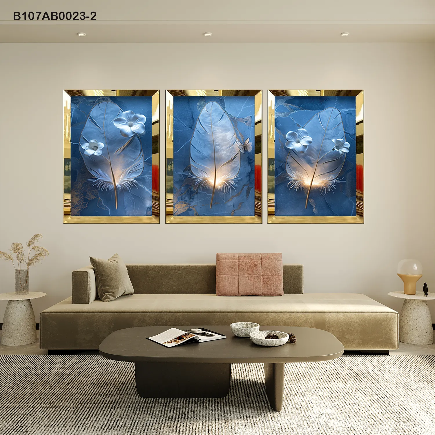 لوحات جدارية ريشة وزهور زرقاء أنيقة إطار ذهبي