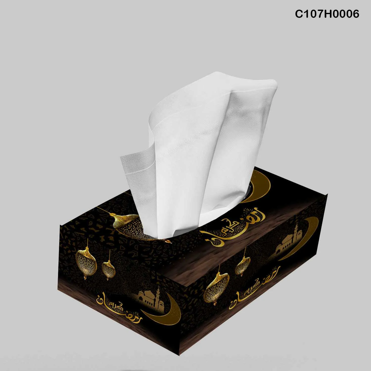 علبة محارم طباعة ديجيتال نقوش رمضان أسود ذهبي