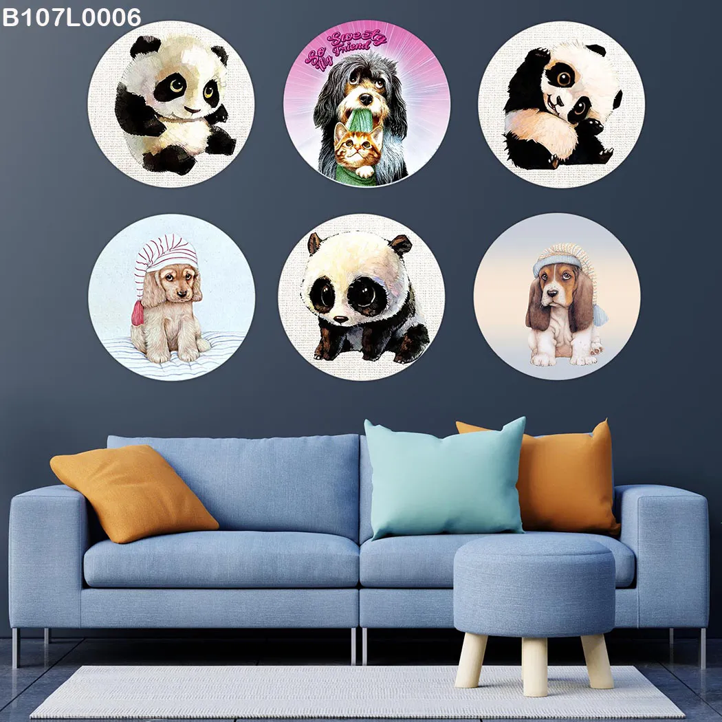 لوحة جدارية ست دوائر حيوانات كرتونية لطيفة