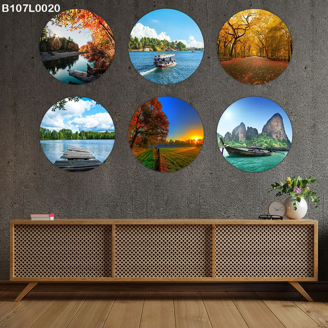 لوحة جدارية ست دوائر طبيعة وبحيرات وغابات