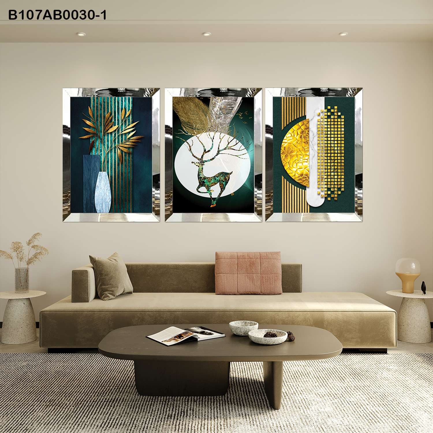 لوحات جدارية تجريدية خضراء بلمسات ذهبية إطار فضي