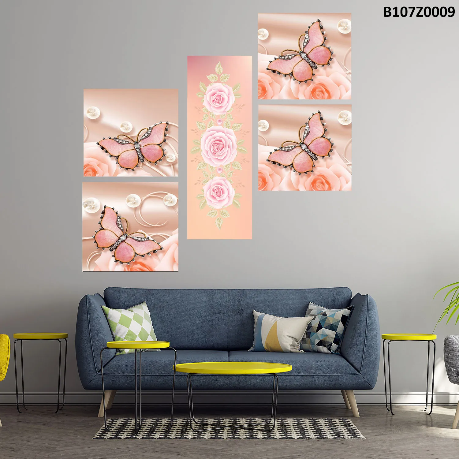 لوحة جدارية فراشات وزهور بتصميم رومانسي