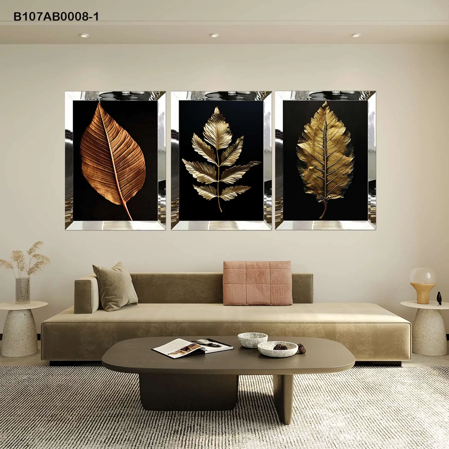 لوحات جدارية أوراق ذهبية على خلفية سوداء إطار فضي