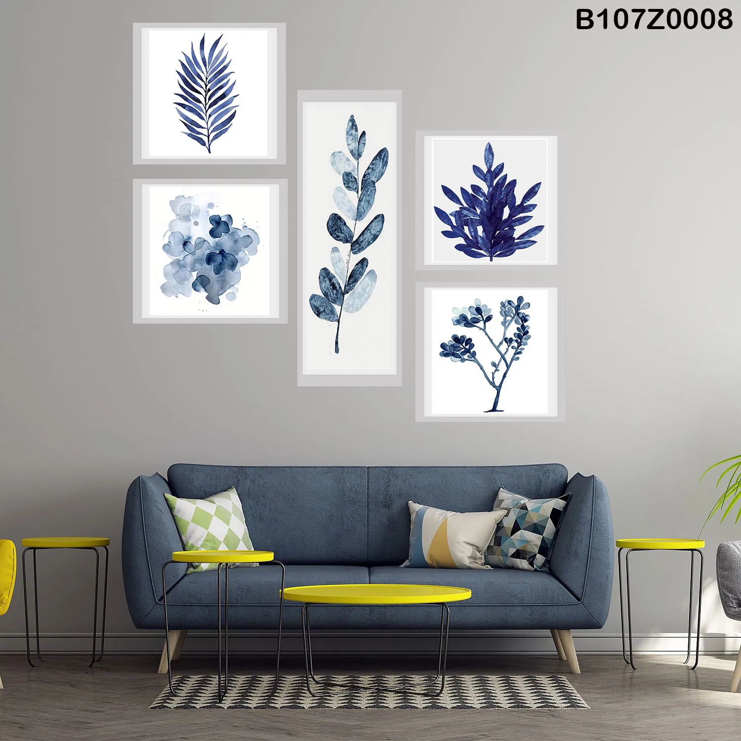 لوحة جدارية أوراق نباتية زرقاء بتصميم عصري