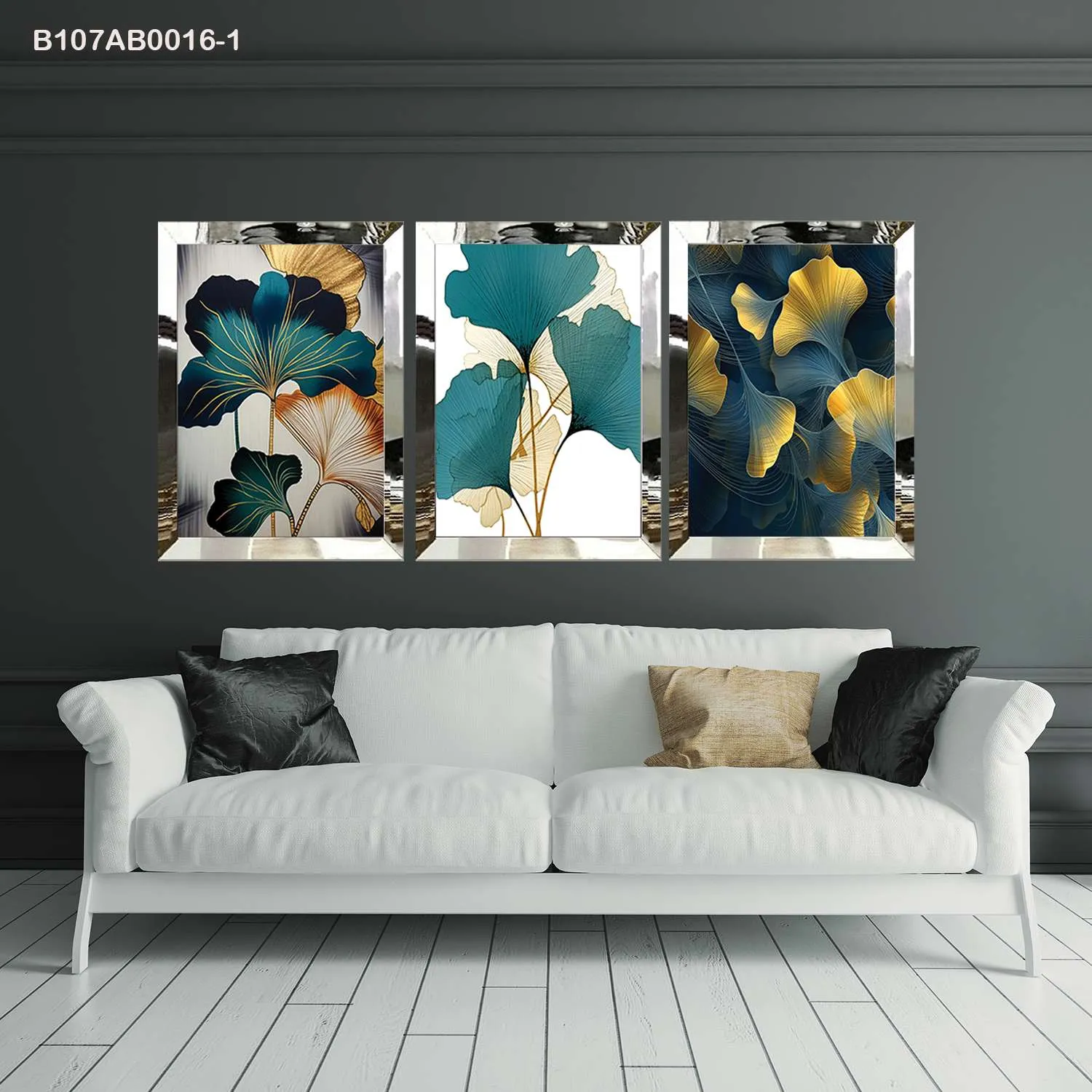 لوحات جدارية أوراق جنكة بتدرجات أزرق وذهبي إطار فضي