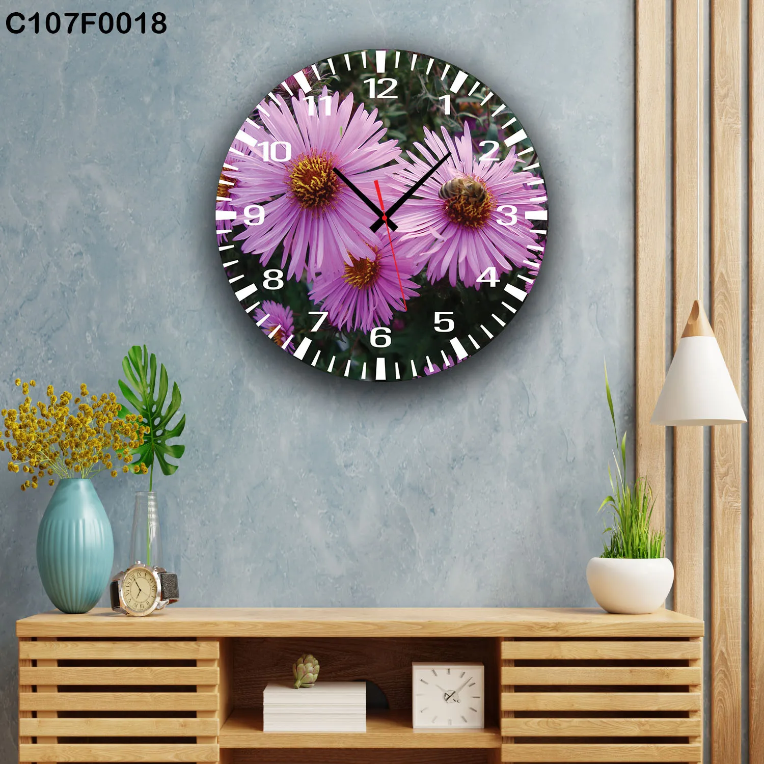 ساعة دائرية زهور بنفسجية طبيعة ربيعية