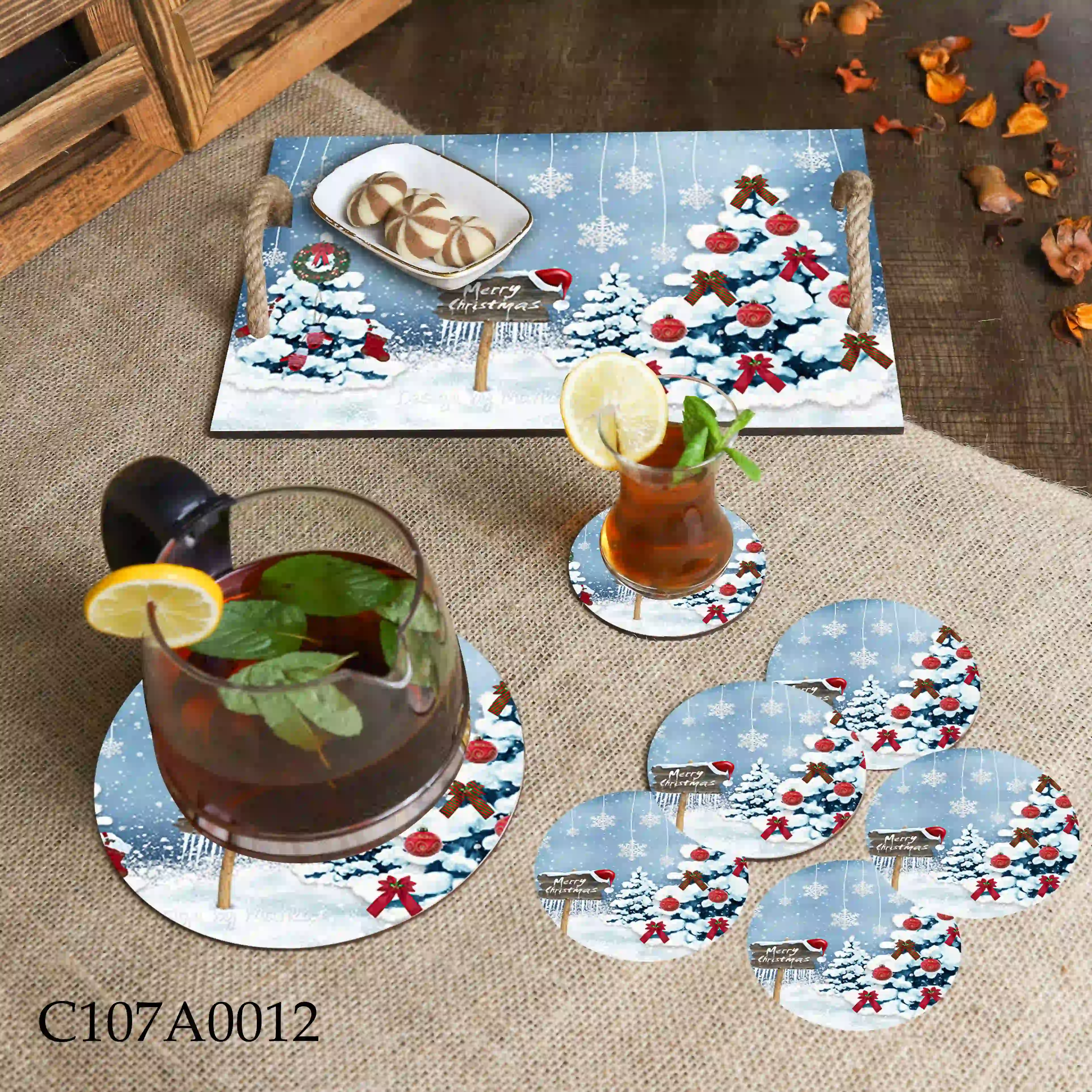 صينية مطبوعة زينة شجرة الميلاد والثلج