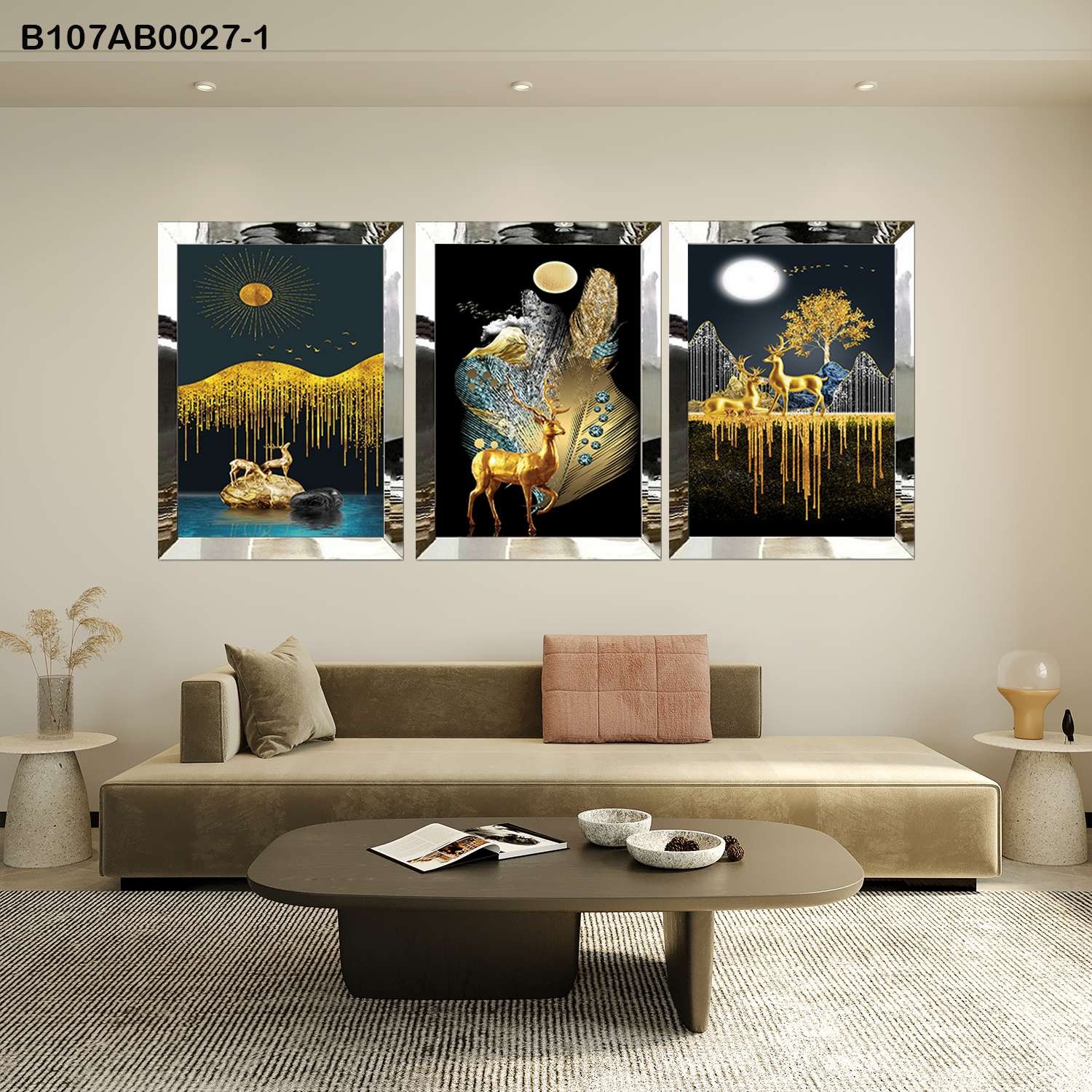 لوحات جدارية غزال ذهبي في الطبيعة إطار فضي